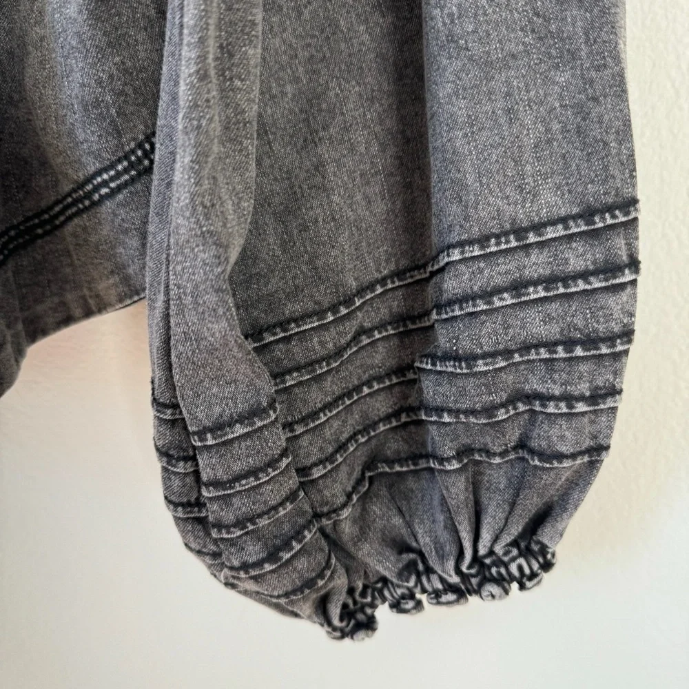 Free People Charlotte Gray Acid Denim Blouse Puff Sleeves XS Boho